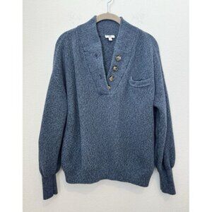 Lunya Women's Blue Henley Sweater Organic Cotton Silk Blend Knit Cozy L/XL